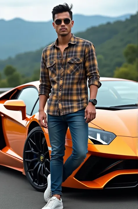 ((best quality)), ((masterpiece)), (detailed), perfect face,Handsome Indonesian man, neat shiny hair, wearing a plaid shirt, jeans, sneakers, glossy Lamborghini Aventador background, highway and green mountains,