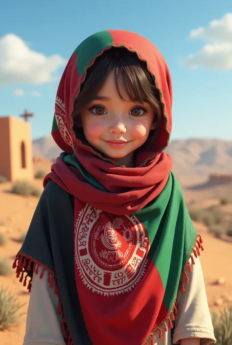 a very beautiful and cute small Afghan girl wearing Afghanistan flags scarf 