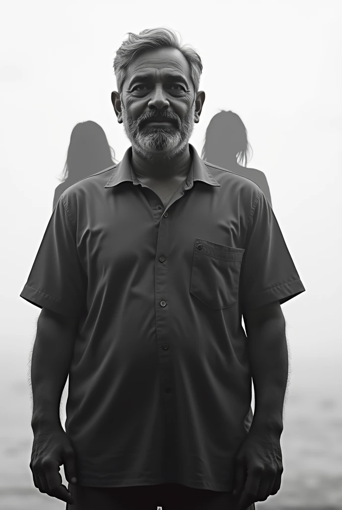 Black and white photo of an Indian with his family superimposed on his shoulder and behind him , proportion of small relatives showing only the shape of the head Reduce the relatives more and reduce the profile of the faces by looking forward 