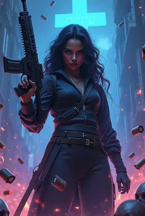 Woman with dark skin and wavy hair holding a rifle. Blue and purple fire background with gun clips and bombs. Word QRTN on the background. Lilac skulls on the background. Maltese cross on the background.