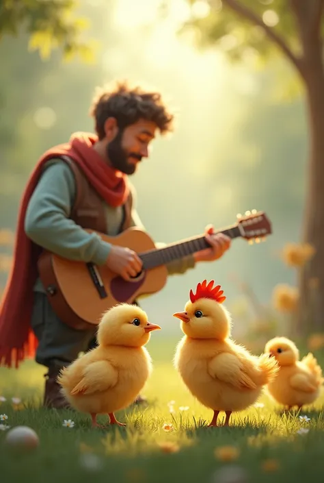 Ronda The chicks say peep peep peep with their mother hen A teacher with his guitar singing

