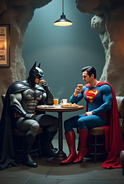 Batman and Superman in the Batcave having coffee and chatting jokingly 