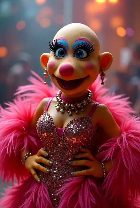 Create a Muppet of a bald, half-Asian Argentinian drag queen