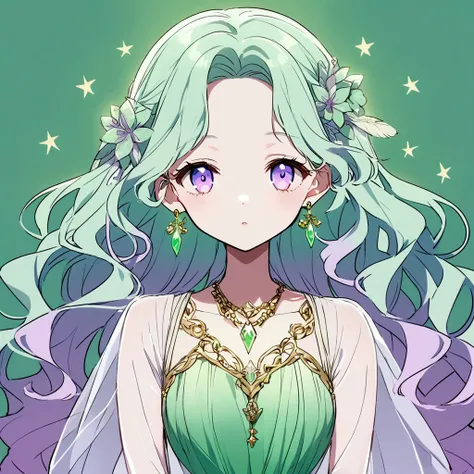 A young girl with hair: long and wavy, of a soft lilac tone.eyes: big and bright, emerald green color.First: Clear and lightly lit, with a healthy glow.Clothing: Wears a white dress with gold details, that seems to float lightly, plus a translucent cover t...