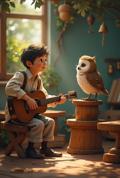 The owl is ringing and shhhing. A teacher with his guitar singing.

