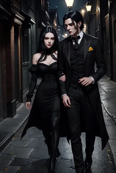 A young woman, with red eyes, black hair and a long black dress, with a man with yellow eyes, black hair and a black suit, They are both vampires from the Victorian era., They are walking down a street at night 