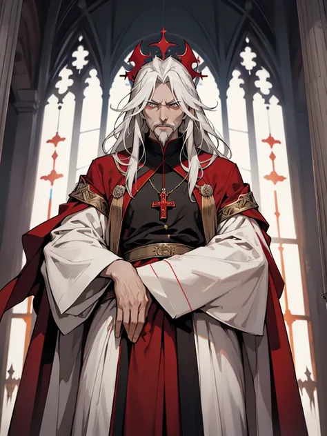 Based on cardinal richelieu, red priestly robe. The man was in his late forties, tall and lean and a few of his hair is starting to turn white. Yet his eyes held a glint of mischief beneath the weight of solemnity, a testament to a life devoted to faith ye...