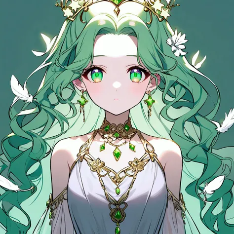 A young girl with hair: long and wavy, of a soft lilac tone.eyes: big and bright, emerald green color.First: Clear and lightly lit, with a healthy glow.Clothing: Wears a white dress with gold details, that seems to float lightly, plus a translucent cover t...