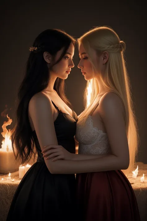 a couple of women standing next to each other, fantasy photoshoot, beautiful long black hair, intimate holding close, fiery, fli...