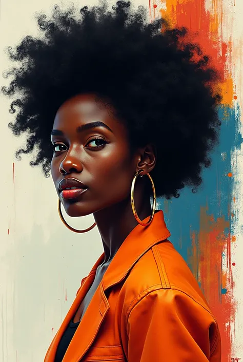 A detailed digital portrait of a confident woman with dark skin and voluminous afro hair, drawn in a semi-realistic art style. Her face is in grayscale, with soft highlights and shadows that accentuate her expressive eyes and full lips. She wears large cir...