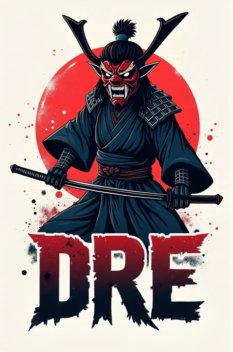 Generate a logo for a clothing store that has a samurai with an oni mask and says dre in capital letters 