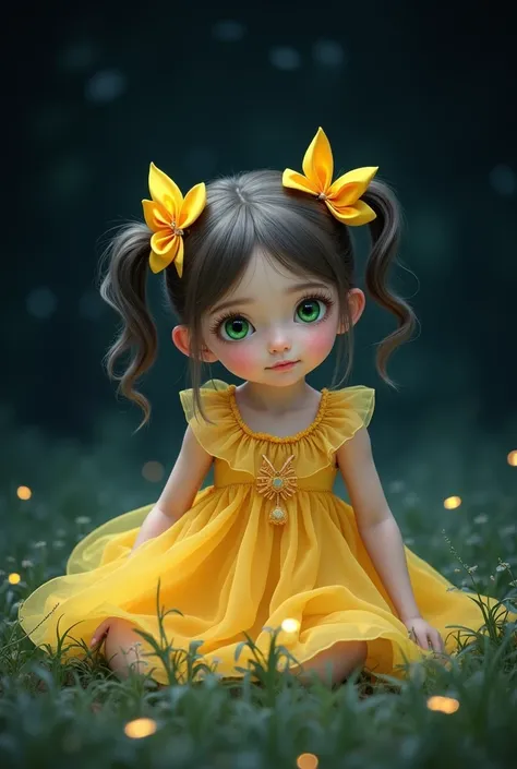  in a yellow dress and two bows in her hair, pigtails, green eyes, dark background with little stars