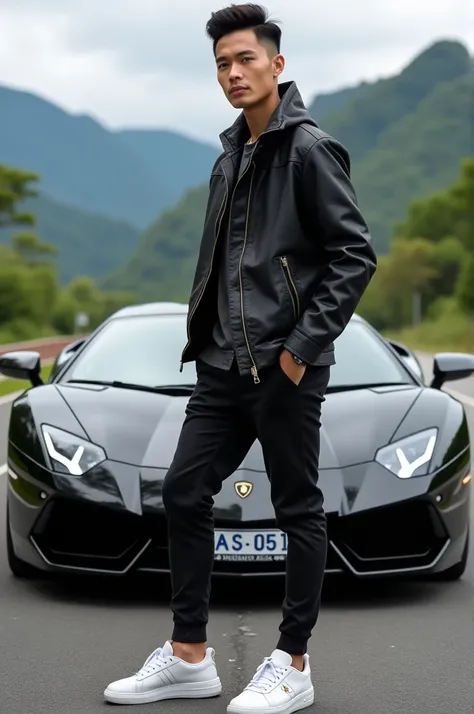 ((best quality)), ((masterpiece)), (detailed), perfect face,Handsome Indonesian man,Athletic body, neat shiny hair,Stylish, luxurious and cool fashion, sneakers, glossy Lamborghini Aventador background, highway and green mountains,