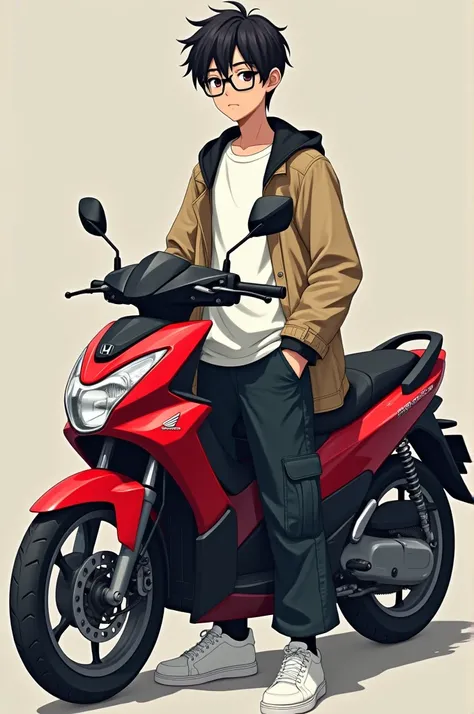 A boy standing next to a red Honda motorcycle, that he is dressed in dark lead-colored wide cargo pants, a beige windbreaker with black, a white T-shirt and white tennis shoes and that he has slanted eyes and half-square glasses