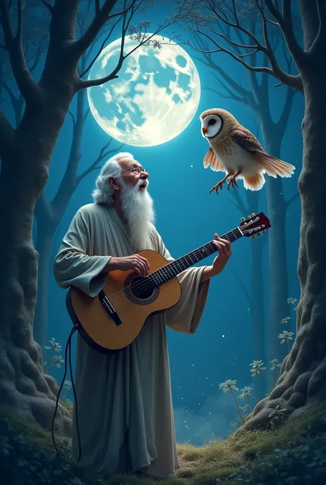 The owl goes shhh A teacher with his guitar singing In big letters that says SUINDA 

