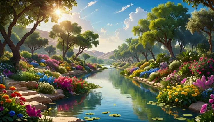 "A scene from the Garden of Eden with the Euphrates River flowing abundantly. The river is surrounded by lush vegetation and colorful flowers. Above the water, the reflection of a heavenly hand touching the river, symbolizing the presence of God from the b...