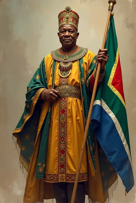 Current African President Cyril Ramaphosa in traditional African attire and holding the flag 