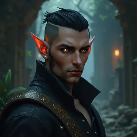 a male elf with black hair, shaven
