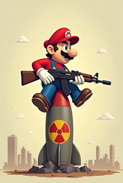 Mario bros 2D,sitting on a nuclear missile 2D drawing,with an AK47 in 2D