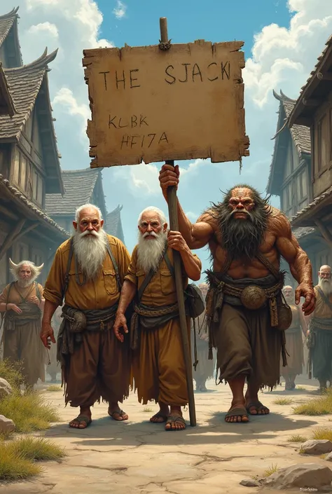 Sign saying Mamina carried by old people and an ogre 