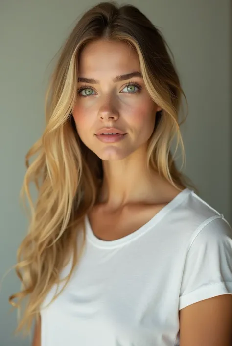 Beautiful blonde woman with green eyes in white t-shirt 