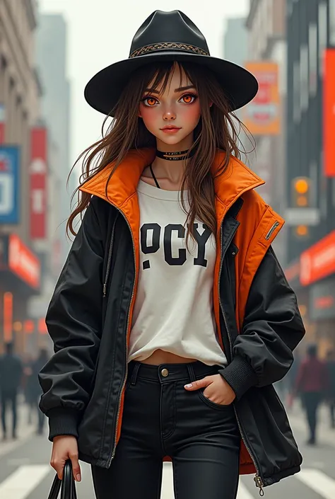 A girl with brown hair, a hat on, orange eyes, setreetwear clothing, color pallette: black, white, organe, gray. She is a girl thats decently tall.