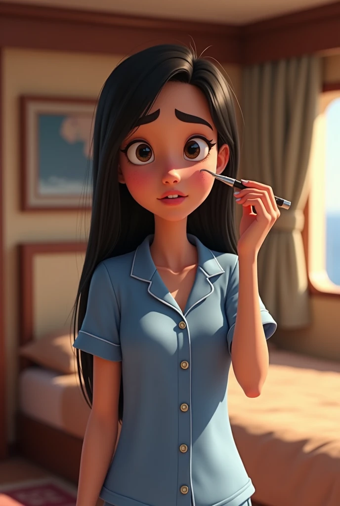 Girl in her late 20’s, long straight black hair, wearing blue silk short and light blue silk buttoned top short sleeve pajamas at cruise ship room, popping a pimple in her forehead with brow tweezers. Pixar