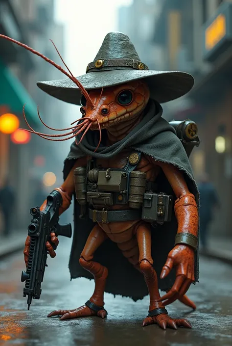 bandit shrimp with hat, hood and guns
