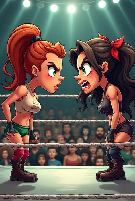 Cartoon style image of 2 women facing off in a wrestling ring with angry expressions.  Woman 1, Character Name: Liv "The Bibliophile" Barnes
Height: 54" (1.63 m)
Weight: 125 lbs (57 kg)
Measurements: 32-24-34
Location: Boston, Massachusetts
Hair Color: Aub...