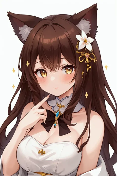 1girl, Solo, Long Hair, Looking at viewer, Brown Hair, Hair Ornament, Hair Bow, Hair Flower, Sparkle, Multiple Views, Masterpiece, Best Quality, cat ears, adult, adult woman 