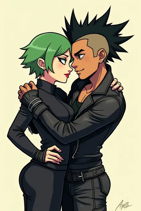 Draw me two people in the animation style of Scott Pilgrim and the Exes of the Girl of His Dreams:
A girl with short green hair, black clothes, and long eyeliner, brown eyes and more or less pale skin, hugging a boy with black mohawk hair with shaved sides...