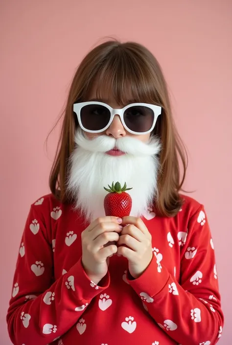 White girl with straight brown hair in strawberry outfit with white beard and sunglasses holding a strawberry 
