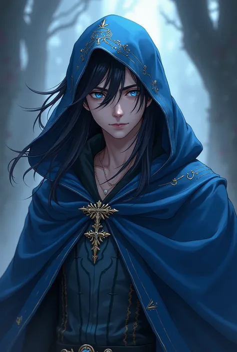 ,men,magician,long black hair,eyes with blue pupils,cloak with detailed blue hood,age 28 years, young appearance,medieval anime style.