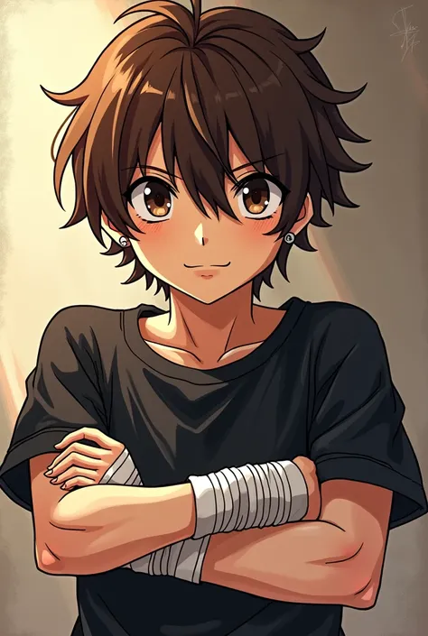 Boy with waist-length brown hair, Brown eyes, black long sleeved shirt, some bandages on the part of his wrists, with more or less muscular arms, piercings in the ears and Boku no hero drawing style