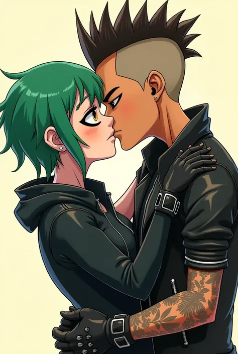 Draw me two people in the animation style of Scott Pilgrim and the Exes of the Girl of His Dreams:
A girl with short green hair, black clothes, and long eyeliner, brown eyes and more or less pale skin, kissing a boy with black mohawk hair with shaved sides...