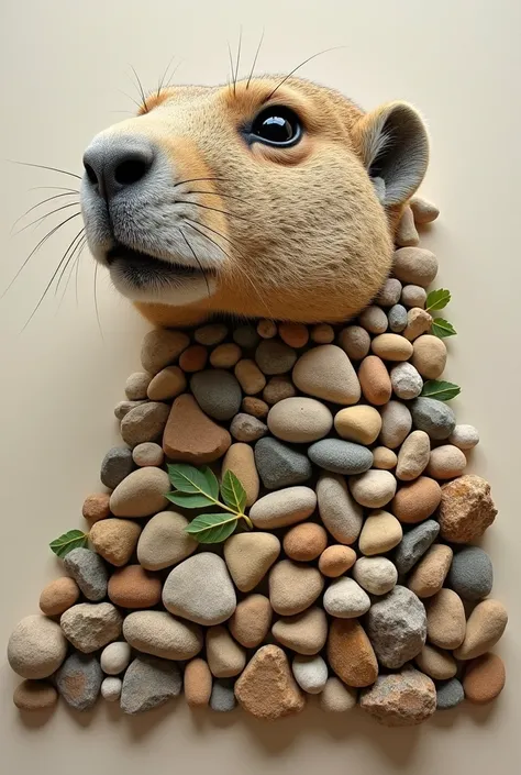 Create a prairie dogs head and upper shoulders using a variety of sizes, shapes, and colors of pebbles and rocks. The rocks should represent the dogs different shades and textures of its coat, with larger rocks playing the main features, such as the eyes, ...