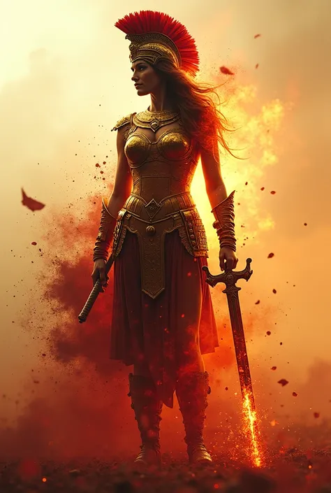 (8K, photorealistic, hyper-detailed: 1.4, Unreal Engine 5) A majestic double exposure silhouette of Bellona, the Roman Goddess of War, standing firm and resolute amidst a chaotic battlefield. Her full-body silhouette blends seamlessly with dynamic splashes...