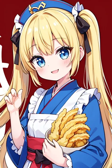 A happy smile,tokyo japan tempura nakayama kurotemdon,Tempura,temdon,Highest quality,Blonde with blue eyes、lolita、 small breasts、Twin tails、girl&#39;enjoy,smile,bonnet,Mischievous smile,