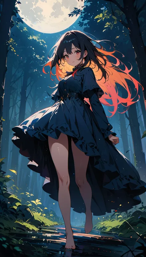 Best Quality, Super detailed, (Ultra-high resolution,8k), Ultra-high definition 4K, In the dark and damp forest、A barefoot girl is walking along the moon&#39;s path carved by the full moon。The girl&#39;s silver hair dances in the wind。His blue eyes looked ...