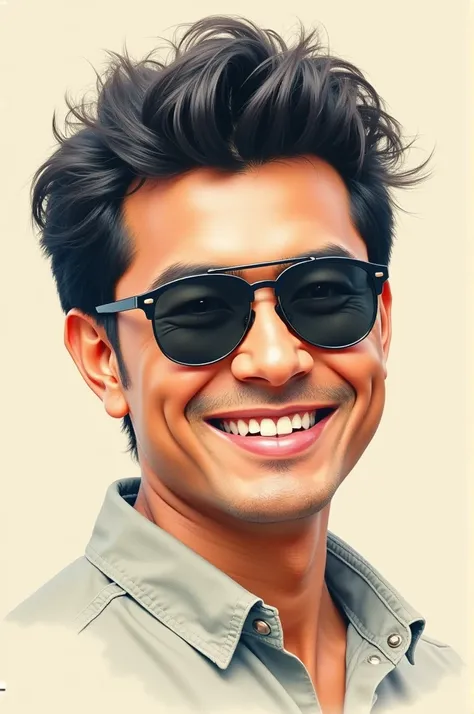 A vintage pastel color watercolor and pencil sketch of a smiling Indonesian handsome man with dark hair and sunglasses. The background is minimal, in soft neutral tones. The artists expert shading and delicate lines bring life to the texture and character ...