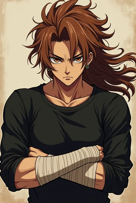 Coffee-haired boy, waist length hair, Brown eyes, black long sleeved shirt, some bandages on the part of his wrists, with more or less muscular arms, piercings in the ears and Boku no hero drawing style, serious face