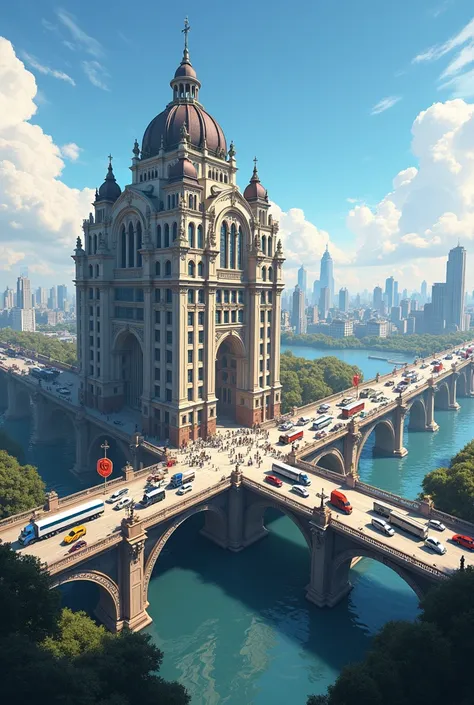 Scene with building and a bridge with cars