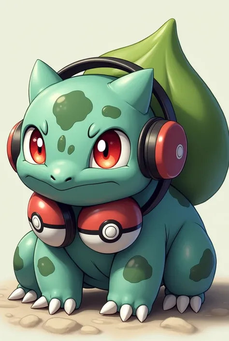 Bulbassaur, (work of art, High details, best quality, High resolution, 8k), Headphones hanging around the neck, The earplugs have a Poké Ball mark on them..