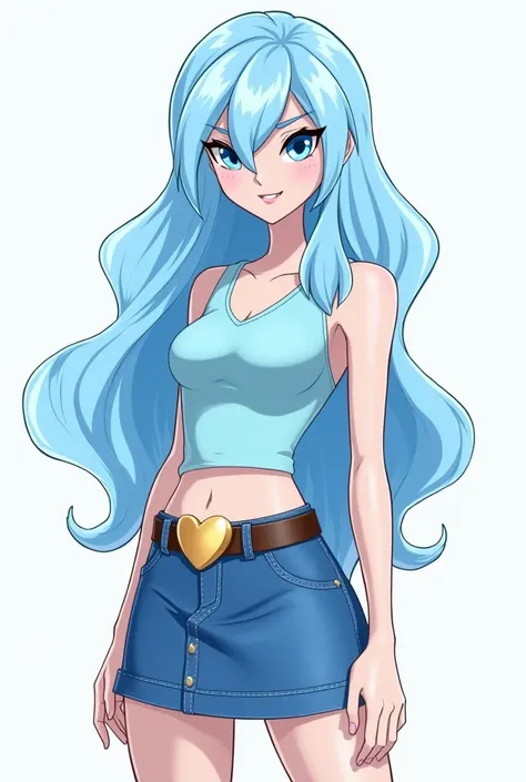 "A teenage girl with light blue, icy hair styled in long, sleek waves, cascading down to her mid-back. She has pale skin with a cool undertone and striking light blue eyes, sharp and intense, giving her a confident, cold look. She wears a light blue sleeve...