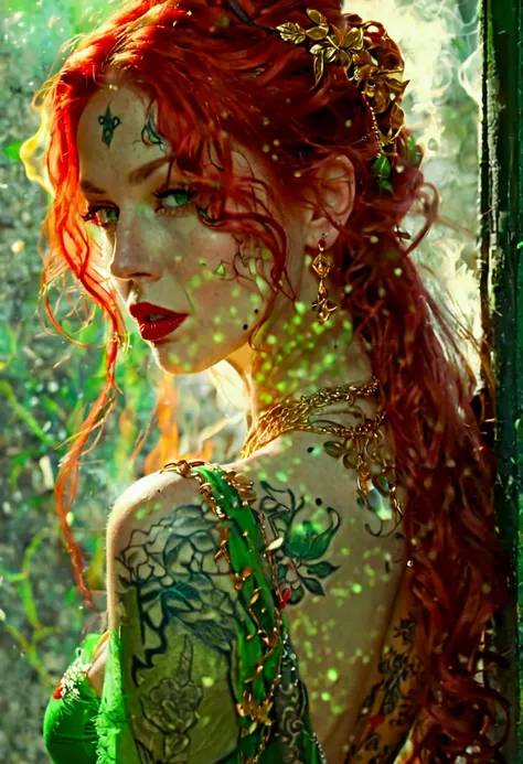 beautiful woman of incredible beauty,sexy, long red hair，sexy green dress, Accessories，red lipstick, sensual look, green eyes, thin and upturned nose, full lips, full breasts (as a censor), gold necklaces on the neck and small fire tattoo on the back of th...