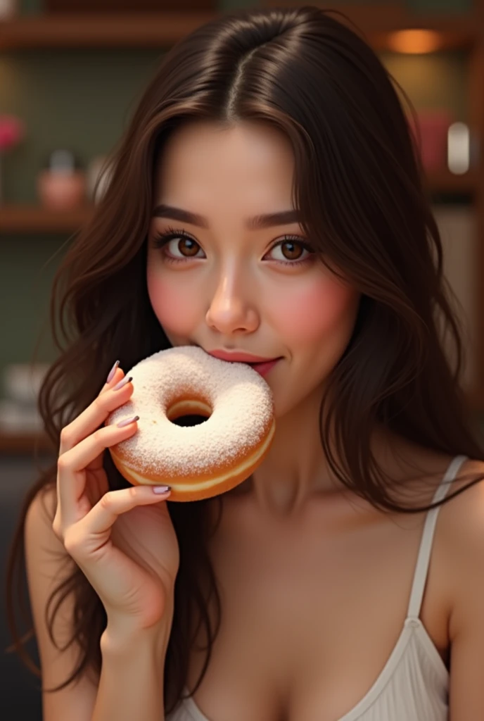 Brunette eating a donut with cream on her mouth
