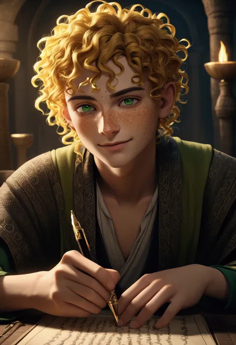 An androgynous character, green eyes and yellow curly hair, freckles on his face, he has a fountain pen and is writing something on a papyrus, silly smile, photorealistic, highly detailed, 8k, cinematic lighting, dramatic, dark moody, Dark Fantasy