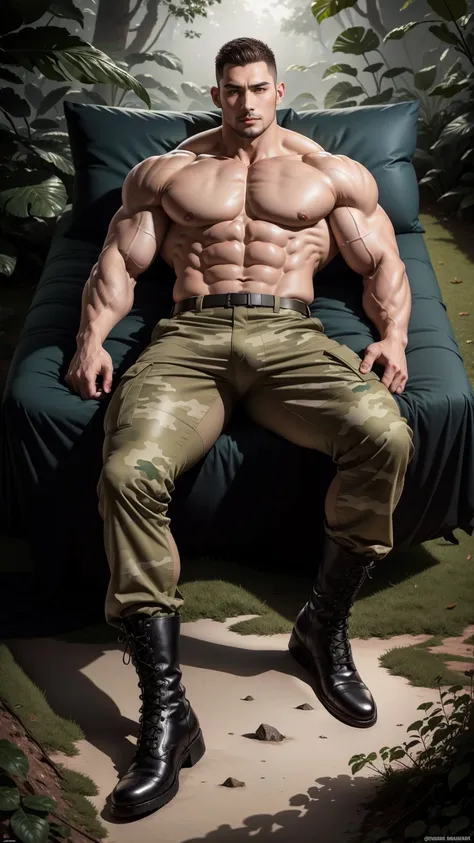 Tall giant muscular man is sleeping and lying down in the forest，Khaki camouflage military uniform，character  design（Resident Evil - Chris Redfield，Chris Redfield）Buzz Cut，Wearing khaki camouflage military uniform，Frosted grain texture，Big soft and comfort...