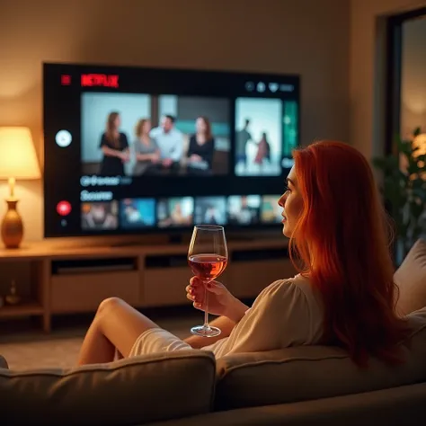 A cozy living room, redhead looking at the tv, first person view of the big TV, Netflix menu, sitting on a modern sofa, white dress, short dress, a hand holding a glass of wine, ultra-realistic TV hand on a modern panel, home cinema environment, highly det...