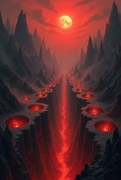 a scene of a gloomy and desolate landscape, with ten deep pits, each with souls being tortured in horrible ways, surrounded by demonic monsters. The colors will be dark and oppressive, with a fiery red sky and rocky mountains in the background, representin...